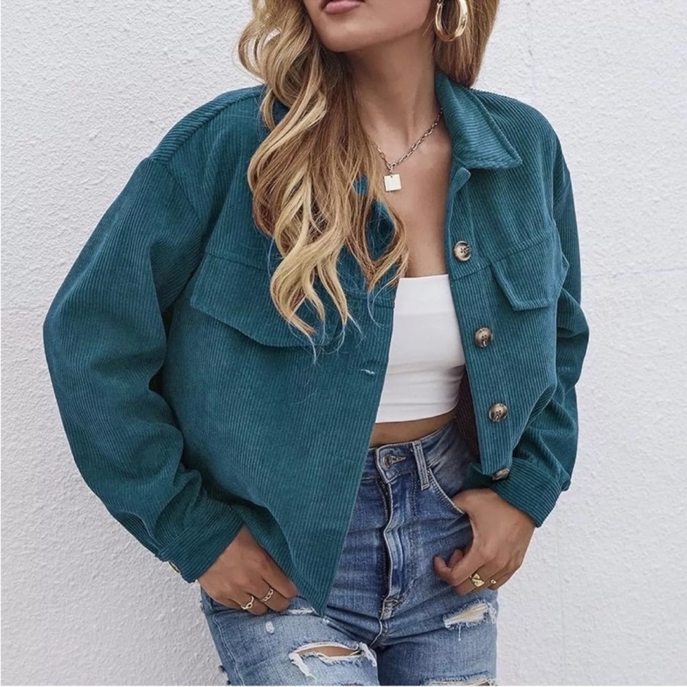 Anthropologie Avec Les Filles Oversize Cropped Corduroy Jacket Teal Button Down